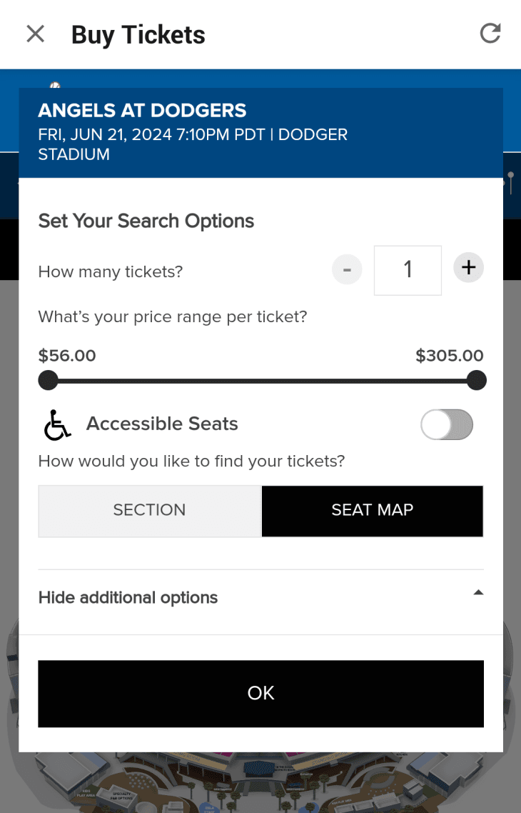 MLB Ballparkアプリの購入画面、チケット枚数選択