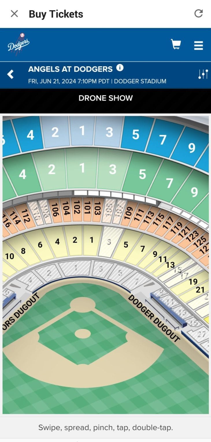 MLB Ballparkアプリの購入画面、席選択