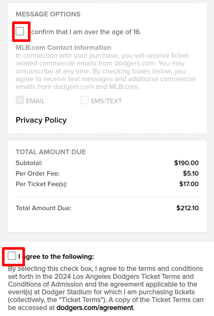 MLB Ballparkアプリのチケット購入の同意チェック項目画面