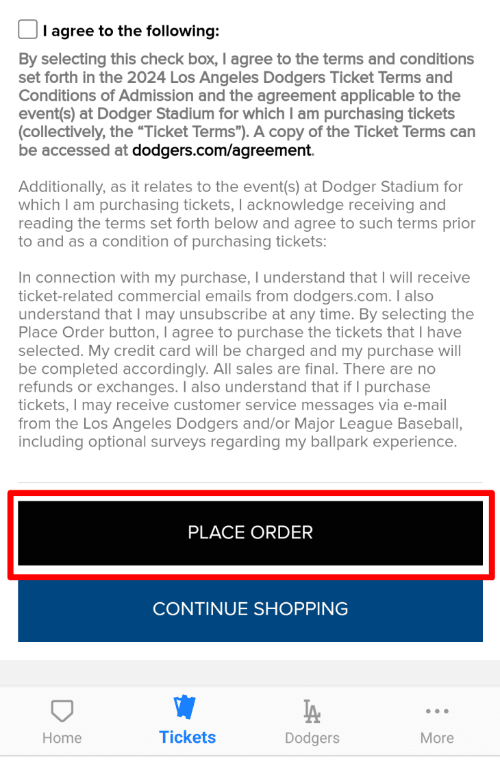 MLB Ballparkアプリのチケット購入の支払い確定画面
