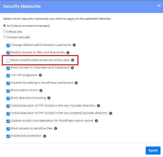 WordPress Manager by SoftaculousのBlock unauthorized access to xmlrpc.phpのチェックを外す